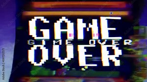 Retro arcade video game with Game Over message appearing on a distorted background with glitches and sounds.