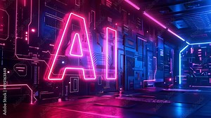 AI text with digital and futuristic elements pink neon glowing in the dark, artificial intelligence banner technology, data science and innovation web internet cyber space, animated video background