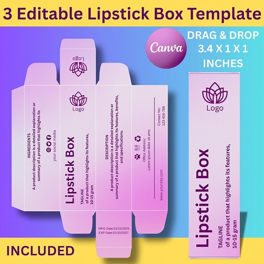 Editable Lipstick Box Template for Canva – Printable Custom Lipstick Packaging Design – DIY Lipstick Box & Label for Beauty Products - Etsy