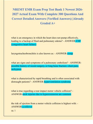 NREMT EMR Exam Prep Test Bank 1 Newest 2026 2027 Actual Exam With Complete 300 Questions And Correct Detailed Answers