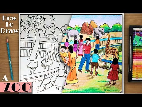 How To Draw A Scenery Of Zoo Step By Step With Oil Pastels For Beginners | Zoo Scenery Drawing Easy
