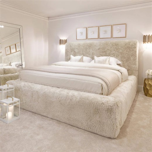 Arctic Luxury Cream Faux Fur Bed Frame, Upholstered Bedframe, Modern Bed Frame With Headboard, Platform Bed, Queen/king/full Bed Frame - Etsy