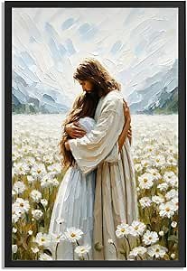 Jesus Wall Art Framed Jesus Hugging Woman Poster For Church Room Wall Decor-Christian Art Canvas Prints Picture Hang To Home Living Bedroom Office For Decor