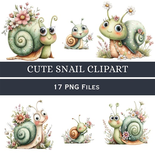 Snail PNG Bundle | Floral Garden Clipart | Kawaii Animal Graphics | Illustration Set Design - Etsy