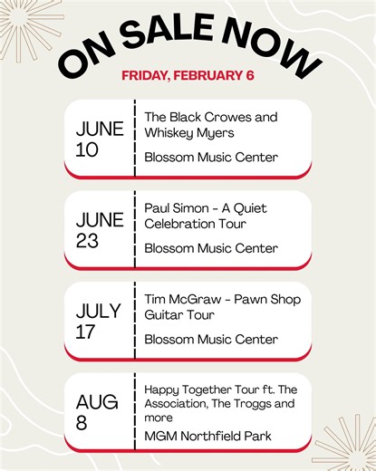 ON SALE NOW 🙌 The Black Crowes and Whiskey Myers | https://bit.ly/4tfYPyp Paul Simon | https://bit.ly/4bDTYAK Tim McGraw | https://bit.ly/3ZQL8bs Happy Together Tour | https://bit.ly/3O1ZvHk | Live Nation Cleveland