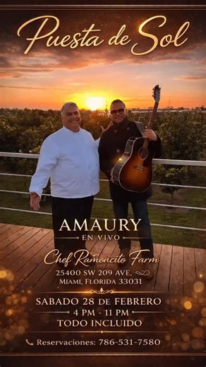 🌅✨ PUESTA DE SOL – Un encuentro con Dios, el arte y el alma ✨🎶🍷 Este no es solo un show… Es una experiencia mágica y diferente 💫 En una finca de ensueño, con una terraza que regala la puesta de sol más hermosa del sur de la Florida, Amaury Gutiérrez vivirá junto a su público un momento único: un brindis al caer el sol, lleno de gratitud, música y amor ❤️🎸 De la mano del reconocido Chef Cubano Ramoncito, quien deleitará a todos con sus platillos convertidos en verdaderas obras de arte 🍽️✨, 