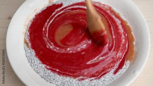 Chia pudding mixing. Smoothie is poured into a bowl. Banana, Strawberry, nectarine.