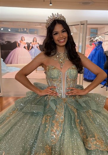 Modern, glamorous, and fashion forward ✨ Style #Q1035 stuns with a layered skirt and detachable accessories 💚 #quince #quinceañera #quincedress #quinceaños