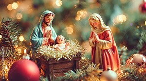 Vintage-inspired nativity scene with Mary, Joseph, and baby Jesus, set in a classic wooden manger surrounded by tinsel and vintage baubles, with a nostalgic 1950s feel. Nativity scene