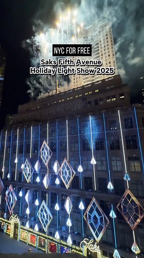 Rebeka @ NYC for FREE on Instagram: "Saks Fifth Avenue Holiday Light Show 2025 ✨ The @saks show had its debut show tonight featuring fireworks (& the Rockettes!) The show is about 3 minutes featuring 3-4 songs (including Rihanna!) and daily from runs 5-11pm tomorrow through January. Please note that the fireworks are only for opening night. PS: This view is from the @rockefellercenter VIP Rock Pass hidden rooftop garden. Thank you for the invite to view it here today! #nycforfree #saks #rockefel
