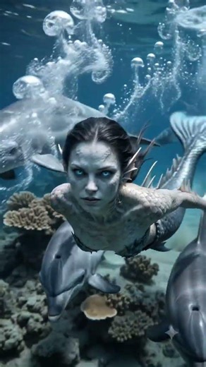 A MERMAID SWIMS WITH DOLPHINS Somewhere on the planet