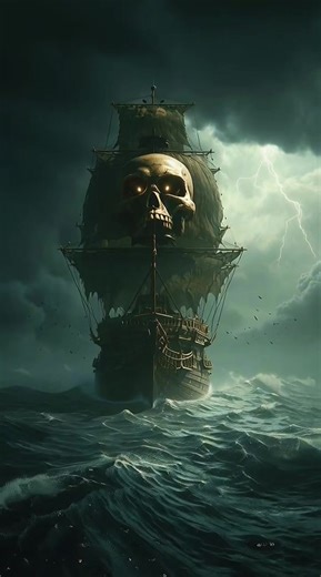 The Cursed Skull Pirate Ship 💀🏴‍☠️. Would you sail on this ship? 💀 Hashtags #skullship #pirateship #darkart #aiart #horror