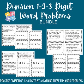 Division One, Two, and Three Digit Word Problems Task Cards Bundle