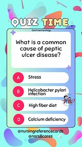 What is a common cause of peptic ulcer disease? * * * * * * * * #nurses #doctors #nursing #medical #nurseexam #NCLEX #nclexreview #nclexrn #registerednurse #medicaldoctor #medicine #studentlife #exam #exampreparation #nclexprep #nursingstudent #medicalstudent #RN #NMC #NGN #PNLE #NLE #USRN #RN #rnlife #nursinglife #fbreels #fypシ゚ @highlight @followers @everyone | Nursing Reference Cards