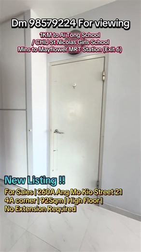 New listing | For Sales - 260A AMK St 21 Asking : $1,028mil nego type 4A 3 bedroom with 2 bathroom 92sqm/ est 989sqft corner faces unblock landed view bonus condo facilities view Within 1Km to Ai Tong School, CHIJ St Nicholas Girls’s school, Mayflower primary & Secondary , Anderson Primary School & etc. No extension required Open to any buyer, regardless of their ethnic group and citizenship. Contact 98589224 / 93624146 for viewing #angmokio #hdbforsales #amkhdb #singapore #singaporetiktok