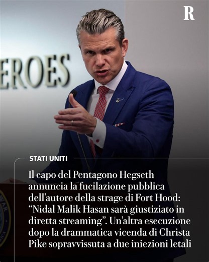 Dopo la doppia iniezione letale fallita di Christa Pike, adesso arriva anche la fucilazione in diretta. Lo ha annunciato il capo del Pentagono Pete Hegseth, dicendo che l'uccisione con il plotone d'esecuzione dell’attentatore di Fort Hood, Nidal Malik Hasan, sarà