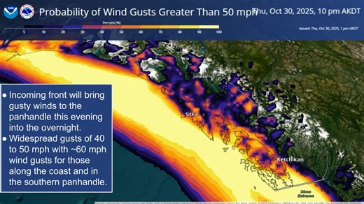 Another round of gusty winds will push through the panhandle tonight. Some areas haven't even seen a lull from the previous front! But this front will bring gusts upwards of 35 to 60 mph, depending on your location. For your forecast details, go to weather.gov/Juneau. | US National Weather Service Juneau Alaska