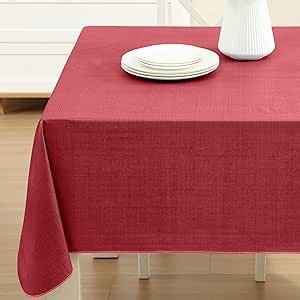 Lintex Cafe Hotel Linen Look Vinyl Flannel Backed Tablecloth, Heavyweight 4 Gauge, 60 x 120 Inch Rectangle, Scarlet Red Indoor Outdoor Waterproof Wipe Clean Table Cover
