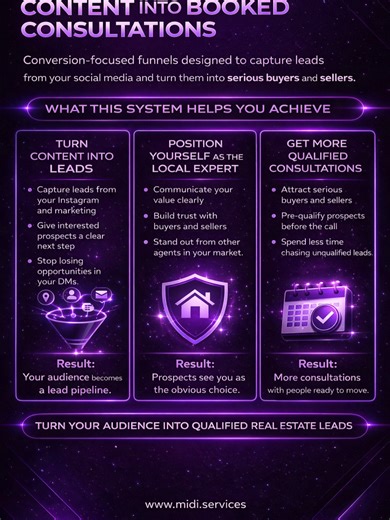 www.midi.services Most real estate professionals are already creating content. Listing videos. Market updates. Neighborhood tours. Instagram posts. But content alone rarely turns into actual clients. The problem usually isn’t effort. It’s that most agents don’t have a system that converts attention into consultations. Without a clear path, interested prospects end up liking your posts, watching your stories, sending a DM that goes nowhere, or simply forgetting to follow up. The attention disappe