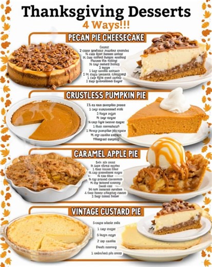 Thanksgiving isn’t complete without dessert… or four of them 😉🍁🍰 Ingredients 🍁 Pecan Pie Cheesecake Crust 2 cups graham cracker crumbs, either store-bought or use a food processor to create fine crumbs from whole graham crackers ⅓ cup light brown sugar, packed ½ cup salted butter, melted Pecan Pie Filling ⅓ cup salted butter 1 cup granulated sugar 1 cup light corn syrup 2 eggs 1 teaspoon vanilla extract 1½ cups pecans, chopped Cheesecake 16 ounces cream cheese, softened 1 cup granulated suga