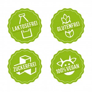 Vector symbols Vegan, Gluten-free, Lactose-free and Sugar-free.