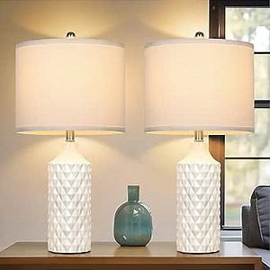 Ceramic Table Lamps Set of 2, White Modern Bedside 25" Nightstand Lamp 3-Way Dimmable Lamp for Bedroom Living Room Farmhouse, Side Table Lamp, Bulbs Included