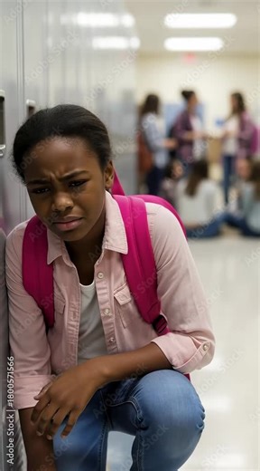 Sad student leaning against lockers in school hallway. A close-up shot showing stress and loneliness. Mental health, academic pressure, teen depression.