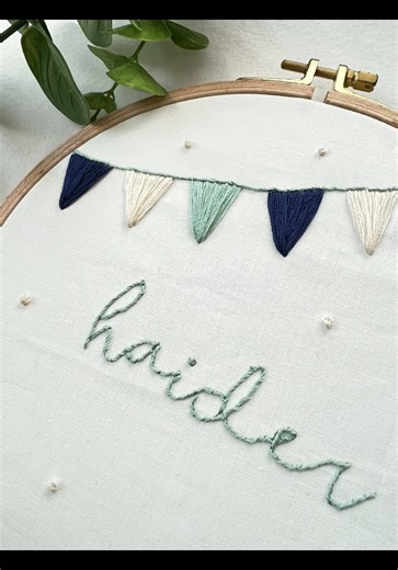 A personalized nursery name embroidery you can make yourself 🤍 Pattern short video tutorial included so you can stitch with confidence. #handembroidery #handembroidered #customembroidery #nurseryinspo #handmadekeepsake