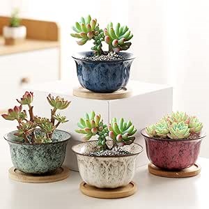 Ceramic Succulent Planter Pot with Drainage Planting Pot Flower Pots Small Planter Pots Flowing Glaze Base Serial Set with Holes