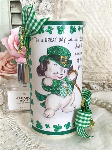 St. Patrick’s Day Flameless Candle Irish Puppy Decor ‘tis a Great Day for the Irish – Shamrock Gingham Bow LED Candle Cute Dog Holiday Decor - Etsy