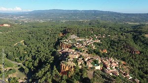 Aerial large view of Roussillon famous village for its ochre deposits and quarries France Vaucluse Luberon