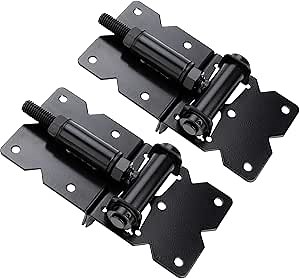 Self Closing Gate Hinges Adjustable Heavy Duty Hardware 90 Degree Gate Hinges Kit for Wood/Vinyl/Metal/Outdoor Fence, with Self-Tapping Screws and Swing Adjuster Tool, 2-Pack, Black Finish