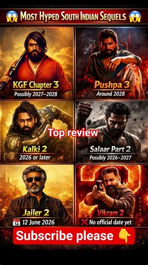 Most Hyped South Indian Sequels🔥Kgf3 #pushpa3 #kalki2898ad #salaar #jailer2 #vikram2 #shorts