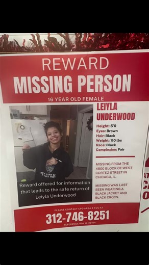 A mother is going all over the west side of Chicago frantically searching for her daughter, Leiyla Underwood. If anyone has seen her, please contact CPD Area 4 SVU at 312-746-8251. Thank You🙏🏼