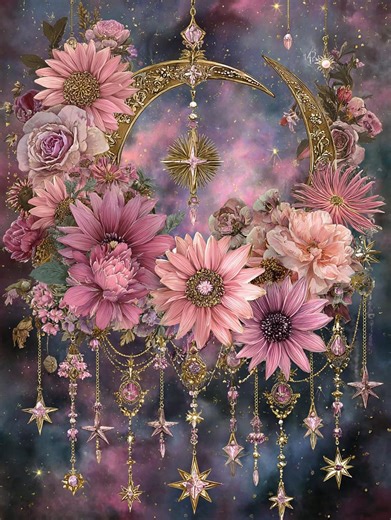 Celestial Moon CLIPART, Ornate Lunar Frame With Pink Florals, Starry Cosmic Art, Boho Astrology Illustration, Dreamy Night Sky Design - Etsy