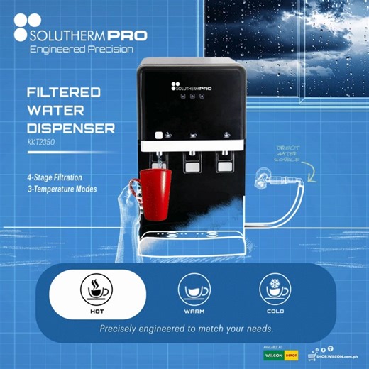𝗗𝗶𝗳𝗳𝗲𝗿𝗲𝗻𝘁 𝘄𝗮𝘁𝗲𝗿 𝘁𝗲𝗺𝗽𝗲𝗿𝗮𝘁𝘂𝗿𝗲𝘀 𝘀𝗲𝗿𝘃𝗲 𝗱𝗶𝗳𝗳𝗲𝗿𝗲𝗻𝘁 𝗻𝗲𝗲𝗱𝘀—𝗳𝗿𝗼𝗺 𝘀𝗼𝗼𝘁𝗵𝗶𝗻𝗴 𝗮 𝘀𝗼𝗿𝗲 𝘁𝗵𝗿𝗼𝗮𝘁 𝘁𝗼 𝗰𝗼𝗼𝗹𝗶𝗻𝗴 𝗱𝗼𝘄𝗻 𝗮𝗳𝘁𝗲𝗿 𝗮 𝘄𝗼𝗿𝗸𝗼𝘂𝘁. The 𝗦𝗼𝗹𝘂𝘁𝗵𝗲𝗿𝗺𝗣𝗿𝗼 4-Stage Water Filtration System offers three precisely controlled temperature options to support your comfort, hydration, and wellness throughout the day. Shop SoluthermPro at https://shop.wilcon.com.ph/solutherm or visit Wilcon Depot or Do It Wilcon stores nationw