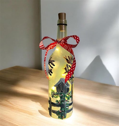 Hand Painted Bird House Painted on a Wine Bottle With Lights. - Etsy