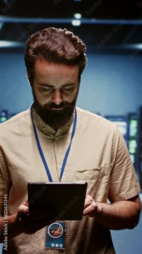 Vertical video Technician doing routine maintenance, helping extend equipment life span and avoiding downtime. Worker monitoring server infrastructure components for issues such as overheating or