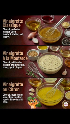 3 French Vinaigrettes (Full Recipes) 1) Vinaigrette Classique (French Classic) Ingredients Olive oil 1/2 cup (120 ml) Red wine vinegar 3 tbsp Dijon mustard 1 tsp Shallot 1 tbsp, finely minced Salt 1/2 tsp, or to taste Black pepper 1/4 tsp Instructions 1. In a bowl, whisk vinegar, Dijon, salt, and pepper until dissolved. 2. Whisk in shallot. 3. Slowly drizzle in olive oil while whisking to emulsify. 4. Taste and adjust salt, pepper, or vinegar. Let stand 5–10 minutes before serving. Best for: gre