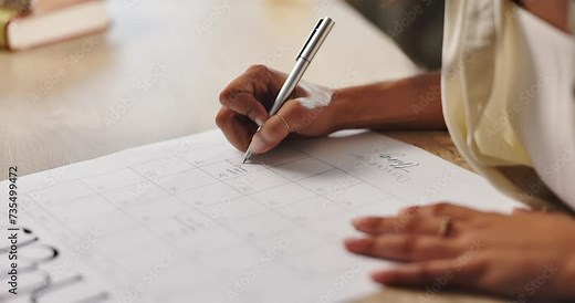 Person, hands and calendar or writing schedule for meeting or organize daily tasks for productivity, goal or planning. Fingers, pen and appointment or monthly reminder as commitment, deadline or memo