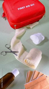 Vertical video social media format - Closeup tilt shot of a red first aid kit box, with an unrolled bandage, pair of scissors, some plasters, cotton pads and a bottle of antiseptic fluid.