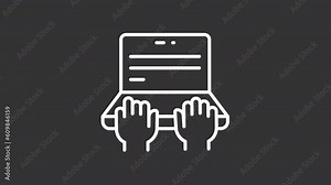 Work on laptop white icon animation. Animated line hands typing. Writing text. Computer network. Seamless loop HD video with alpha channel, transparent background. Motion graphic design for night mode