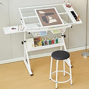 Drafting Table, 0-75° Tilting Glass Tabletop Drawing Table with Stool - Adjustable Height Art Desk with Multi-Storage for Sketching and Painting - Perfect for Artists and Hobbyists, White