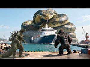 King Kong and Godzilla vs. Giant Python Snakes-A Massive Confrontation at Sea and Across the City