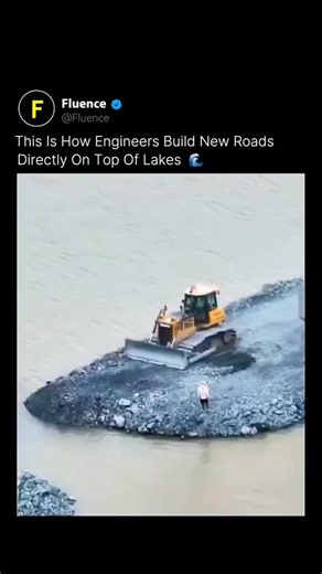 Fluence on Instagram: "When building roads across lakes or waterlogged terrain, engineers first create a strong foundation by placing controlled layers of rock, gravel, and engineered fill into the water. This process displaces water and spreads the load across a wider area, preventing vehicles and machinery from sinking into soft sediments. In many projects, geotextile membranes are laid beneath the fill to separate weak soil from structural layers and improve overall stability. Once the base i