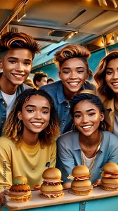 A lively group of young friends gathers around a food truck, smiling joyfully as they hold delicious burgers. The scene is vibrant, set against a backdrop of a brightly lit food truck, exuding a fun