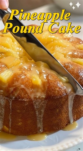 Pineapple Pound Cake 🍍✨ This Pineapple Pound Cake is pure Southern bakery-style comfort buttery, dense, and incredibly moist with sweet pineapple baked right into every bite. That golden crust with the glossy pineapple glaze dripping down the sides? Absolute showstopper. Save this Pineapple Pound Cake recipe and tag a friend who loves homemade desserts with a tropical twist! Yield: 12 large servings Ingredients: • 1 cup (2 sticks) unsalted butter, softened • 2 cups granulated sugar • 4 large eg