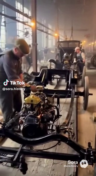 Henry Ford’s first Model T assembly line in Highland Park, Michigan, October, 1913. History reimagined with Sora 2. #historytok #history #henryford #fyp #timemachine
