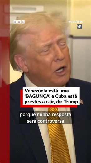 BBC News | Brasil on Instagram: "'Nós estamos no controle da Venezuela'🇺🇸🇻🇪 Depois de dizer que os Estados Unidos controlam a Venezuela, depois da captura do presidente venezuelano, Nicolás Maduro, o presidente americano, Donald Trump, afirmou que Cuba "está à beira do colapso". Trump conversava com jornalistas a bordo do avião presidencial Air Force One em viagem da Flórida à capital americana, Washington. No bbcbrasil.com você pode ler uma reportagem sobre as chances de sucesso do plano de