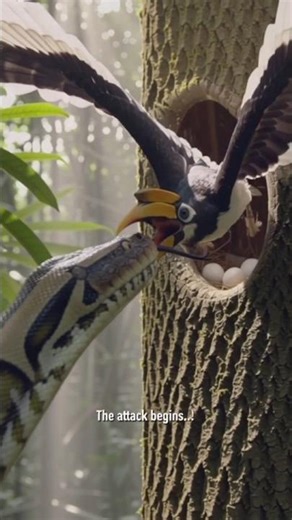 Python Attacks Hornbill Nest – Brutal Egg Theft Caught on Camera!#snake #python #bird #hornbill